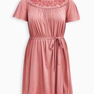 Torrid Pink Challis Embroidered Mini Dress Plus Size 1X Tie Waist Boho NWOT